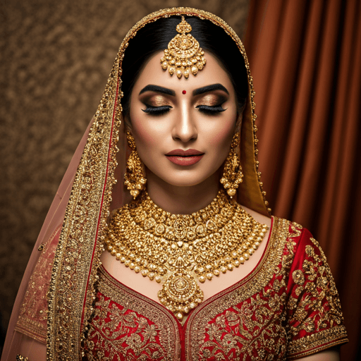 Close-up bridal portrait with intricate jewelry, luminous skin, and warm golden eye makeup for a New Delhi wedding look
