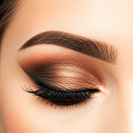 Close-up bridal beauty portrait featuring luminous skin, sculpted brows, lush lashes, and warm gold eye makeup